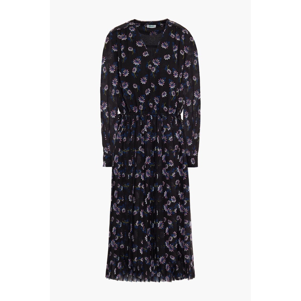 KENZO Pleated Floral-Print Georgette Midi Dress Women's Sz 34 $795 Retail